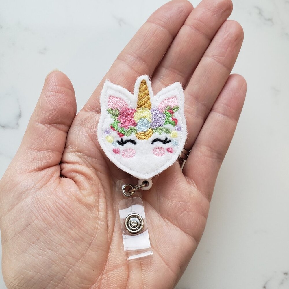 Unicorn Floral Teacher Badge Reels Nurse Retractable ID Badge Clips NWT handmade